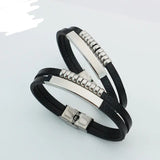 Dual Layer Stainless Steel Silver Black Customized Personalised Laser Engraved Wrist Band Leather ID Bracelet For Men