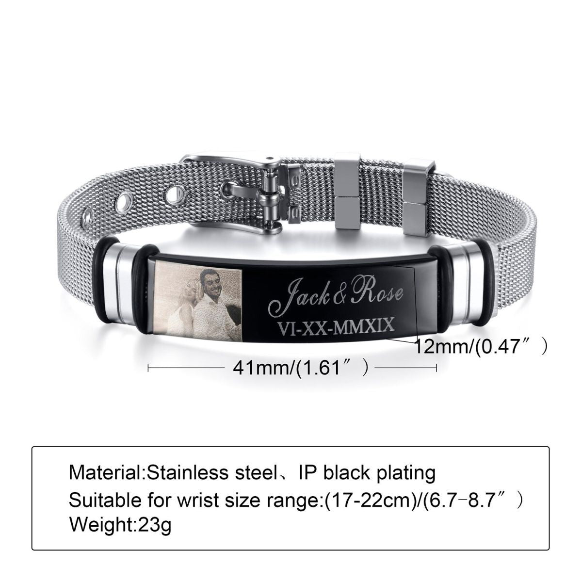 Mesh Stainless Steel Gold Silver Customized Personalised Laser Engraved Wrist Watch Band ID Bracelet For Men