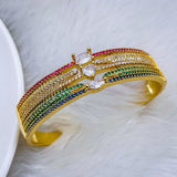 Heart Geometric Rainbow Multi Color Fancy Cubic Zirconia 18K Gold Bangle Cuff Kada for Women