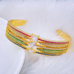 Heart Geometric Rainbow Multi Color Fancy Cubic Zirconia 18K Gold Bangle Cuff Kada for Women