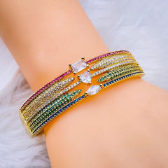 Heart Geometric Rainbow Multi Color Fancy Cubic Zirconia 18K Gold Bangle Cuff Kada for Women
