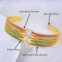 Heart Geometric Rainbow Multi Color Fancy Cubic Zirconia 18K Gold Bangle Cuff Kada for Women
