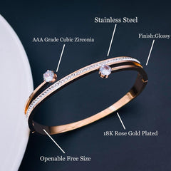 Solitaire Cubic Zirconia 18K Rose Gold Stainless Steel Openable Kada Bangle For Women