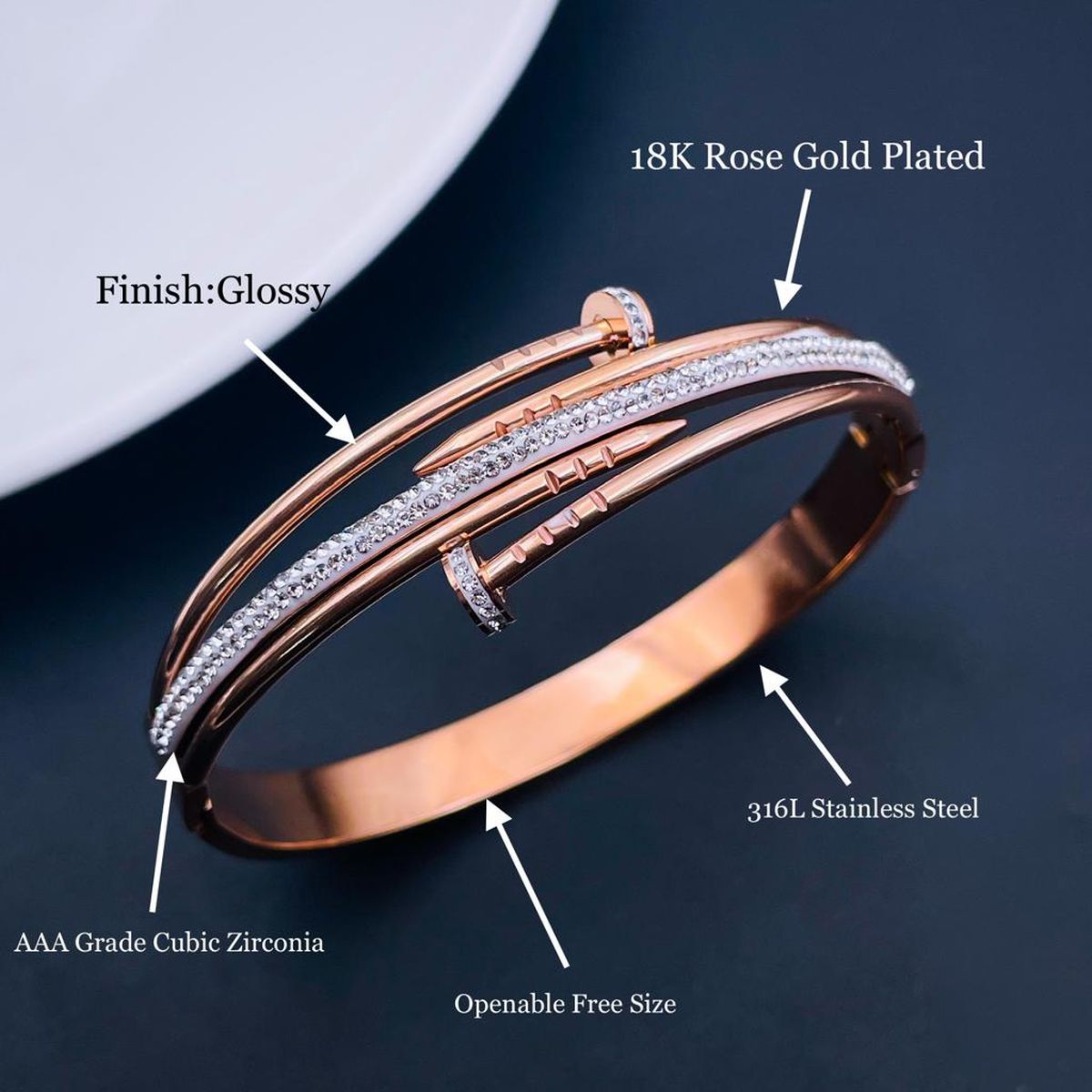 Dual Nail Gothic Screw cubic Zirconia Rose Gold Stainless Steel Openable Kada Cuff Bangle For Women