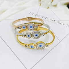 Stainless Steel Cubic Zirconia  Pink Rose Gold Three Evil Eye  Open  Cuff & Kada Women