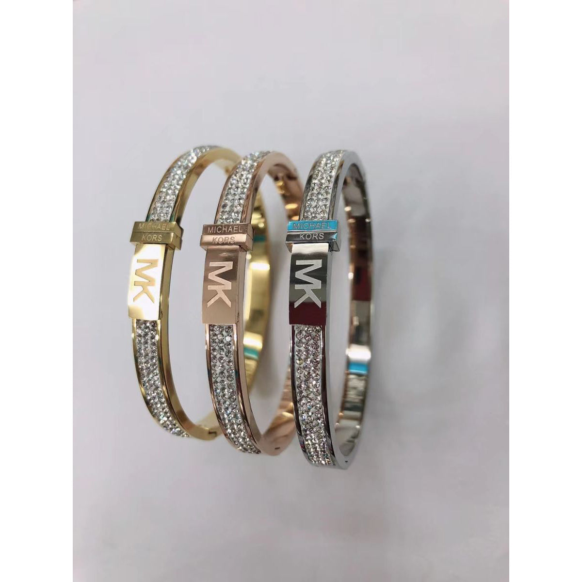 Stainless Steel Cubic Zirconia  Silver Silver Luxury MK  Push & Slide Clasp  Cuff & Kada Women