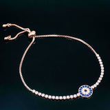 Blue Evil Eye 18K Rose Gold Cubic Zirconia Adjustable Slider Bracelet for Women