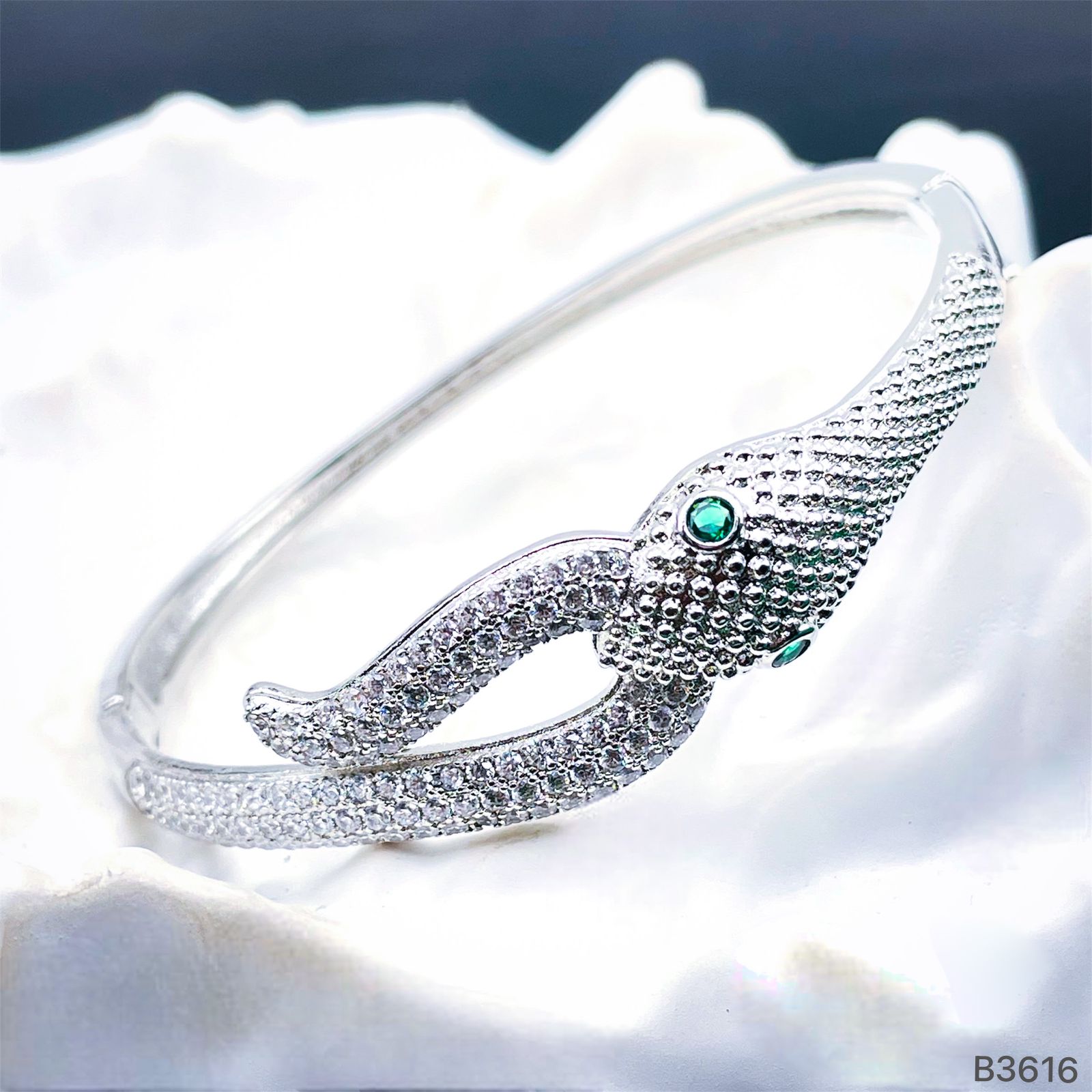 Green Eye Snake Cubic Zirconia Silver Openable Kada for Women