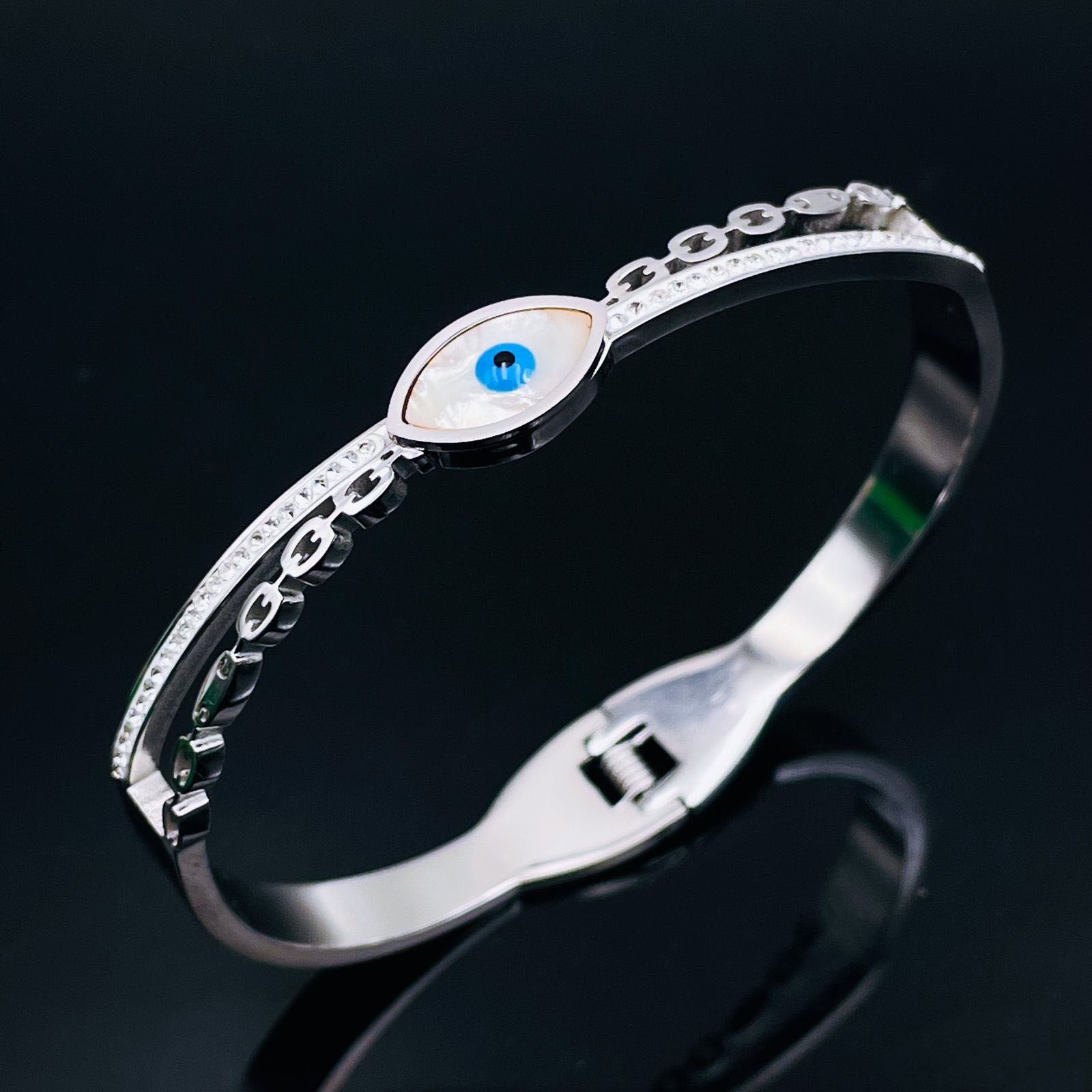 Mother of Pearl Evil Eye Silver Stainless Steel Openable Kada Bracelet for Women
