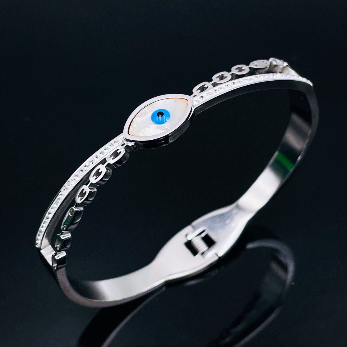 Mother of Pearl Evil Eye Silver Stainless Steel Openable Kada Bracelet for Women