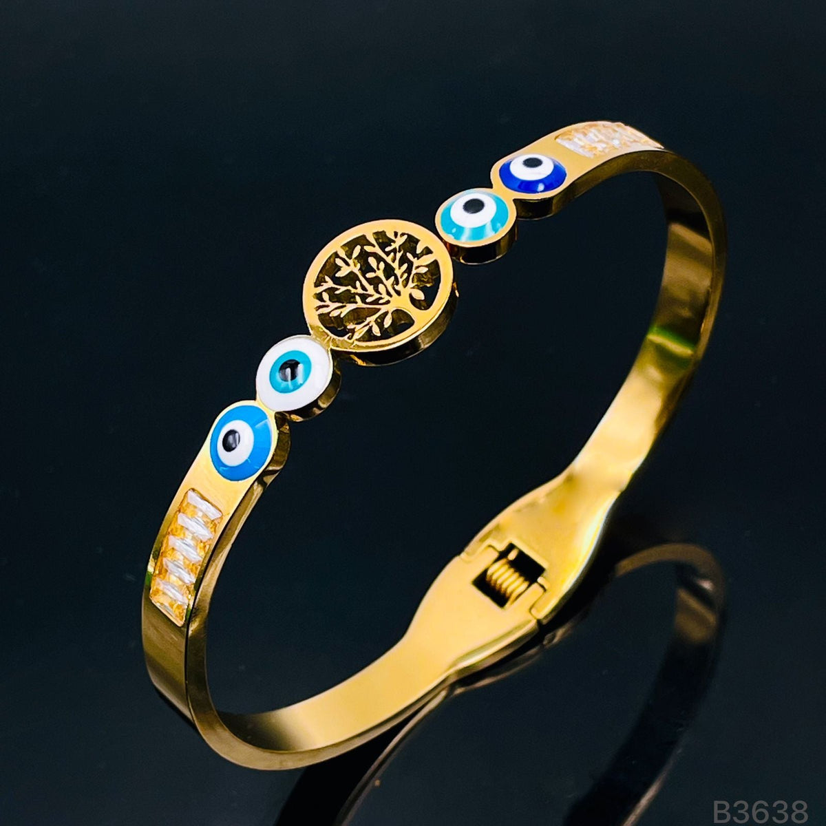 Tree of Life Evil Eye 18K Gold Stainless Steel Openable Kada Bracelet for Women