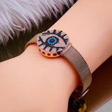 Evil Eye Medallion 18K Rose Gold Adjustable Mesh Watch Strap Bracelet for Women