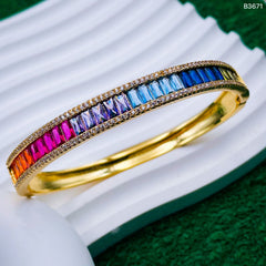 Gradiating Rainbow Multi Color Baguette 18K Gold Openable Kada Bracelet for Women