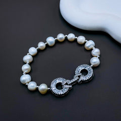 Dual Ring Baguette Cubic Zirconia Pearl Silver Stretchable Free Size Bracelet for Women