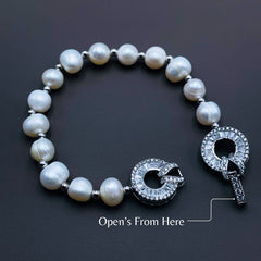 Dual Ring Baguette Cubic Zirconia Pearl Silver Stretchable Free Size Bracelet for Women