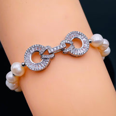 Dual Ring Baguette Cubic Zirconia Pearl Silver Stretchable Free Size Bracelet for Women