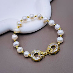 Dual Ring Baguette Cubic Zirconia Pearl 18K Gold Stretchable Free Size Bracelet for Women