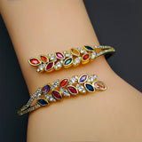 Floral Leaf Multi Color Cubic Zirconia 18K Gold Openable Kada Bangle for Women