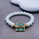 Sapphire Blue Square Baguette Cubic Zirconia 18K Gold Pearl Stretchable Bracelet for Women