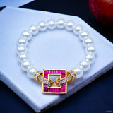 Sapphire Blue Square Baguette Cubic Zirconia 18K Gold Pearl Stretchable Bracelet for Women