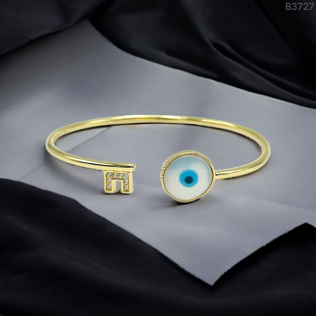 Lock Key Evil Eye Mother of Pearl 18K Gold Cuff Kada Bangle for Women