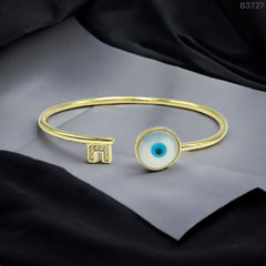 Lock Key Evil Eye Mother of Pearl 18K Gold Cuff Kada Bangle for Women