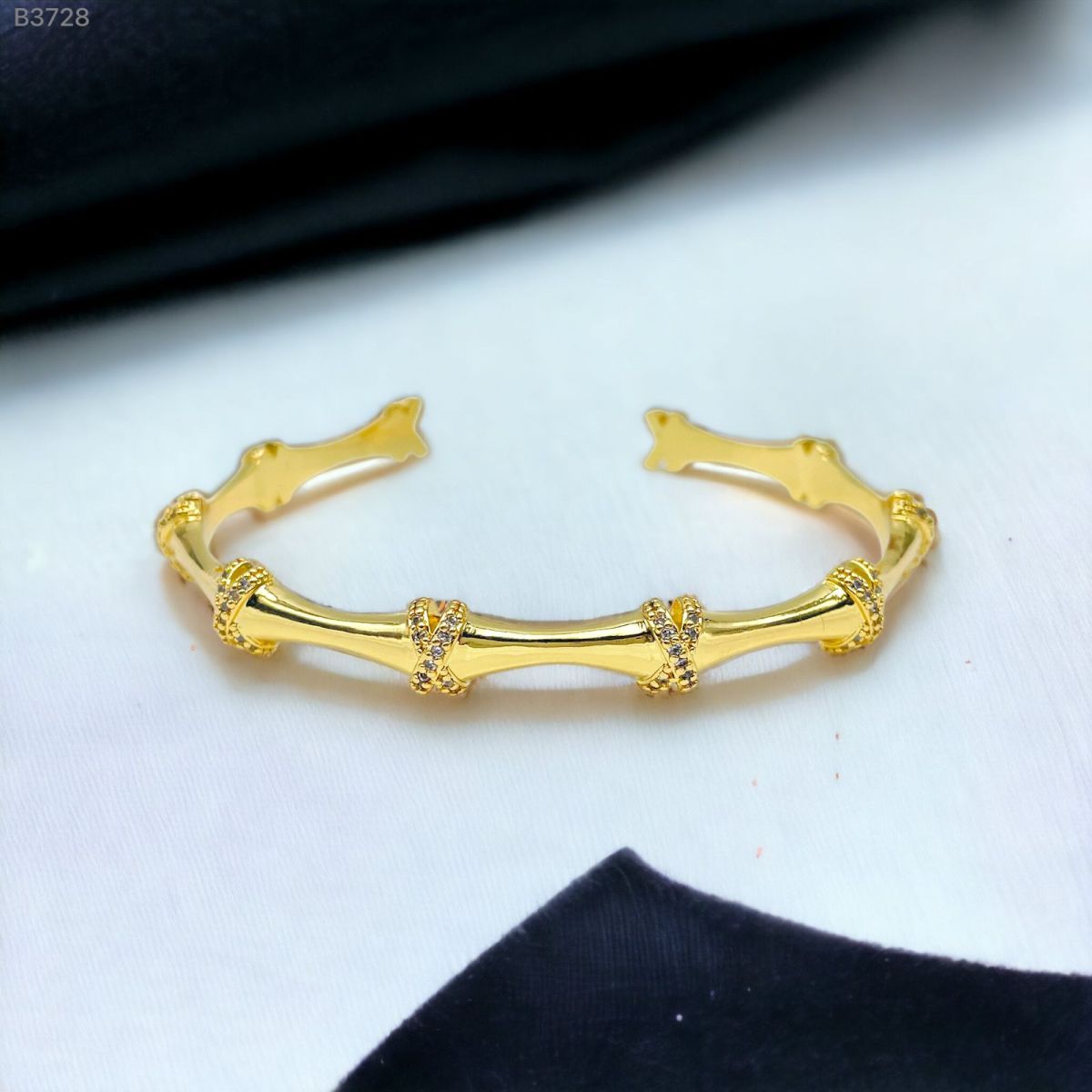 Criss Cross Ribbon Cubic Zirconia 18K Gold Cuff Kada for Women