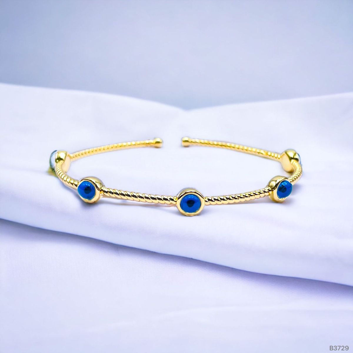 Five Evil Eye Slim Rope 18K Gold Cuff Kada Bracelet for Women