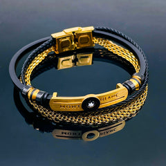 Luxury Black Gold Stainless Steel Leather Id Layer Chain Bracelet For Men