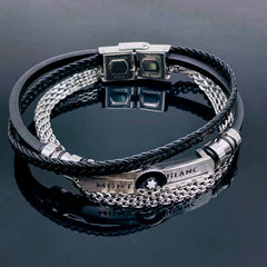 Luxury Black Gold Stainless Steel Leather Id Layer Chain Bracelet For Men