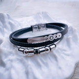 Luxury Black Silver Stainless Steel Leather Id Layer Bracelet For Men