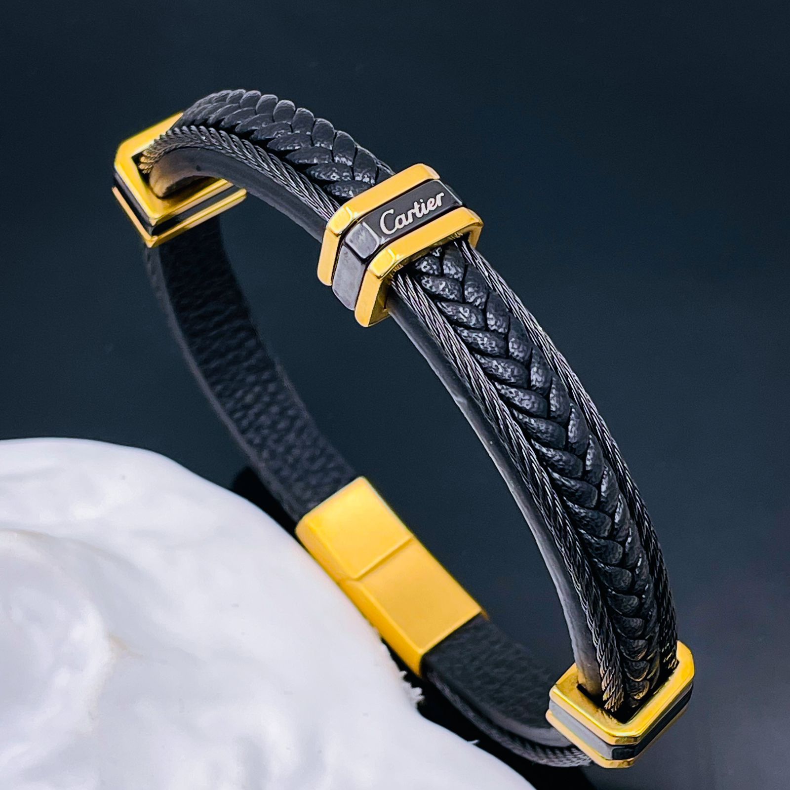 Luxury Black Gold Stainless Steel Leather Rope Bracelet For Men