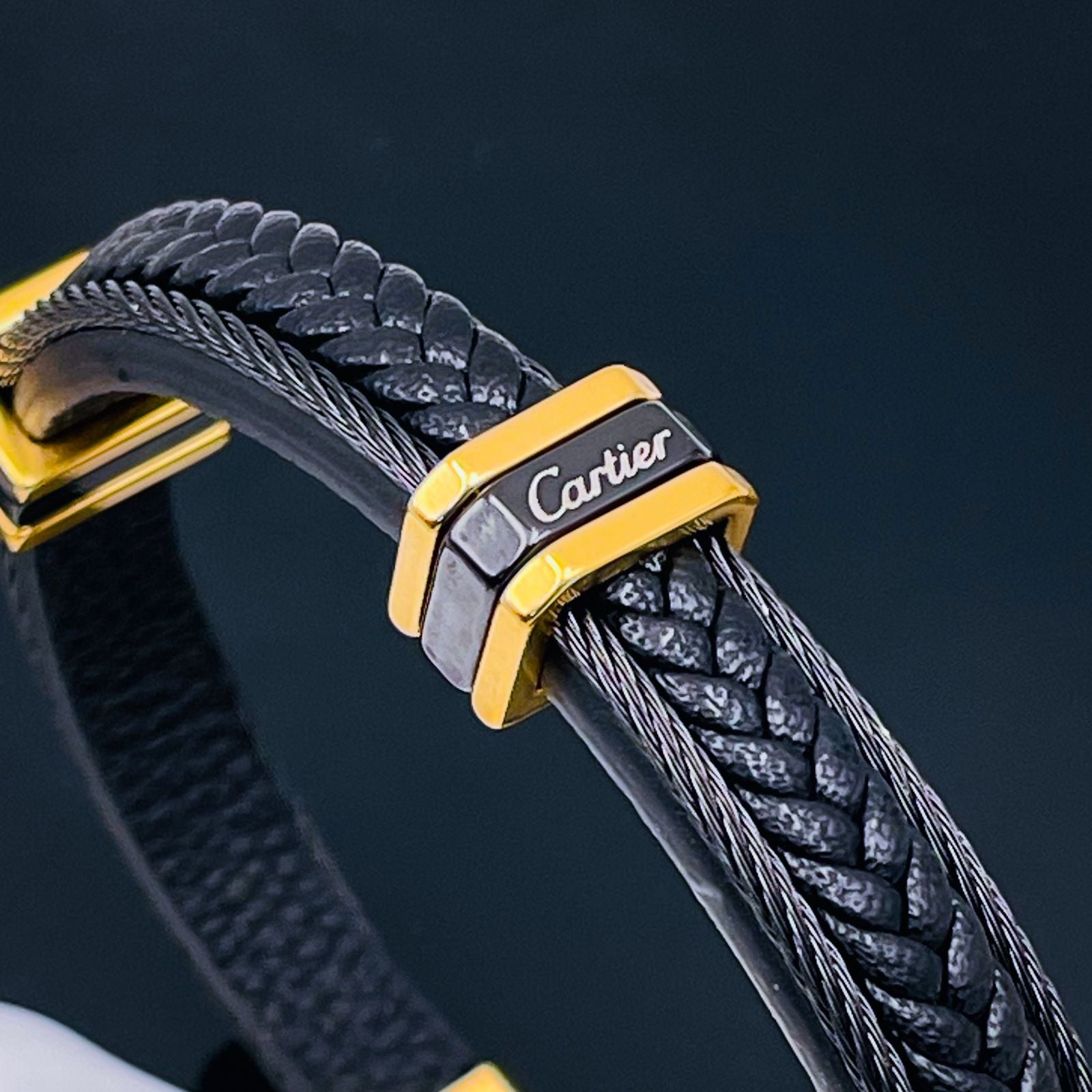 Luxury Black Gold Stainless Steel Leather Rope Bracelet For Men