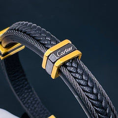 Luxury Black Gold Stainless Steel Leather Rope Bracelet For Men