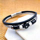 Luxury Black Silver Stainless Steel Leather Layer Bracelet Kada For Men