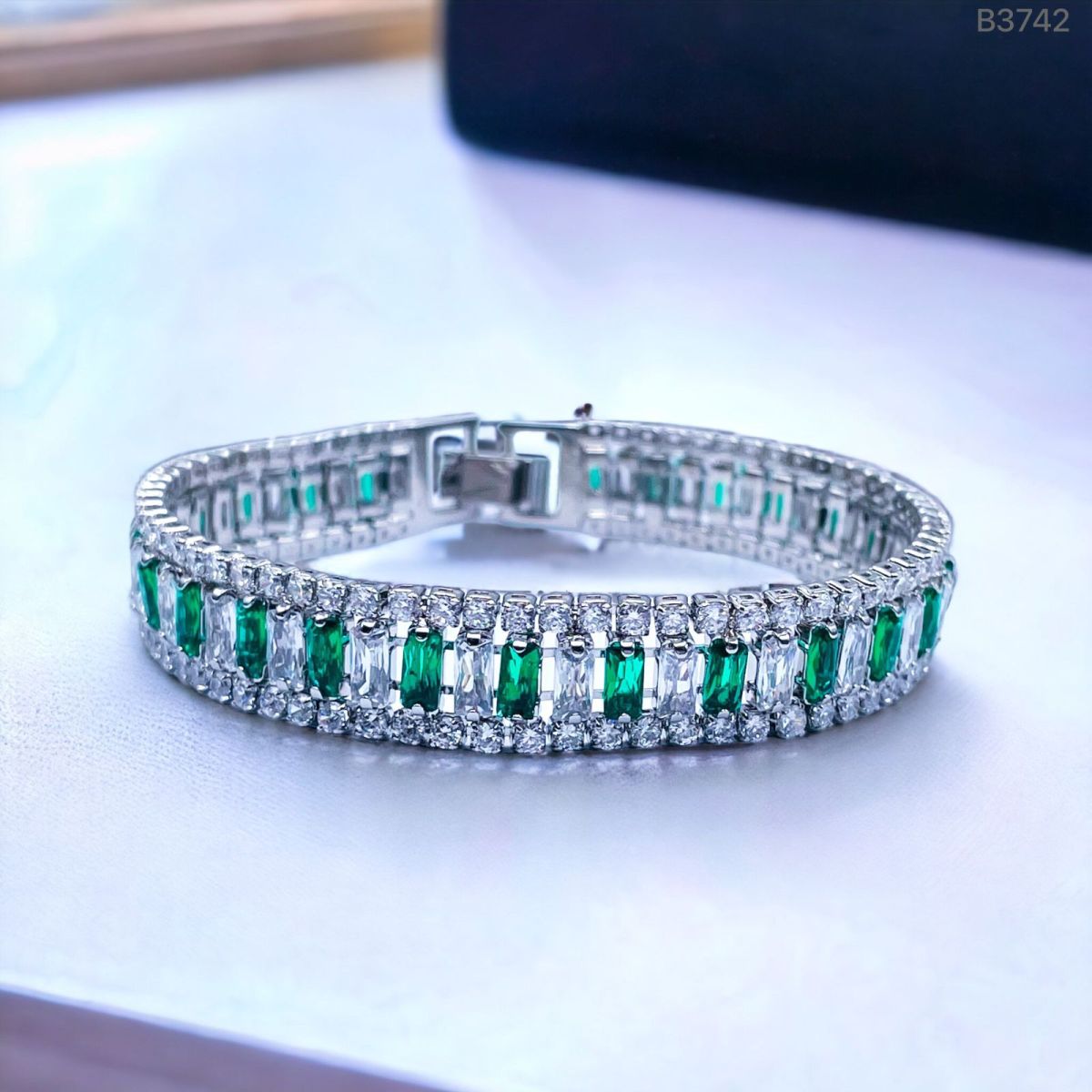 Green Emerald Baguette Cubic Zirconia Silver Tennis Bracelet for Women