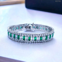 Green Emerald Baguette Cubic Zirconia Silver Tennis Bracelet for Women