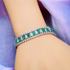 Green Emerald Baguette Cubic Zirconia Silver Tennis Bracelet for Women