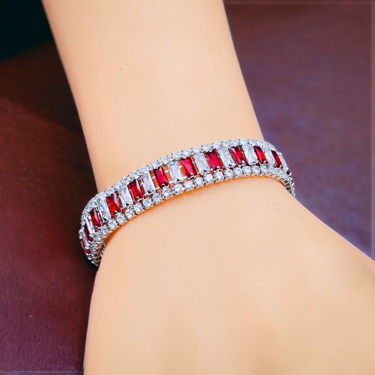 Green Emerald Baguette Cubic Zirconia Silver Tennis Bracelet for Women