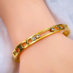 Dangling Zircons Roman Number 18K Gold Anti Tarnish Stainless Steel Openable Kada for Women