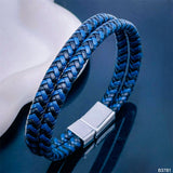 Braided Stainless Steel Blue Leather Wrist Band Strand Dual Layer Bracelet For Men