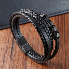 Multi-Layer Rope Ring Black Leather Stainless Steel Wrist Wrap Band Strand Bracelet For Men