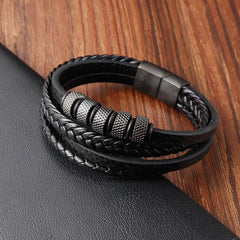 Multi-Layer Rope Ring Black Leather Stainless Steel Wrist Wrap Band Strand Bracelet For Men