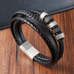 Multi-Layer Rope Ring Black Leather Stainless Steel Wrist Wrap Band Strand Bracelet For Men
