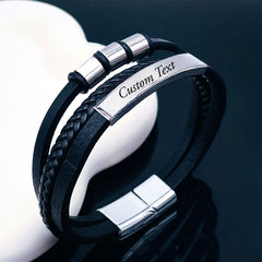 Triple Layer Rope Glossy Ring Black Silver Leather Stainless Steel Customized Personalised Laser Engraved Wrist Band Strand Bracelet For Men