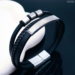 Triple Layer Rope Glossy Ring Black Silver Leather Stainless Steel Customized Personalised Laser Engraved Wrist Band Strand Bracelet For Men
