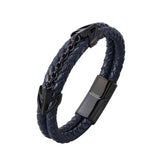 Braided Stainless Steel Black Leather Wrist Band Strand Dual Arrow Layer Bracelet For Men