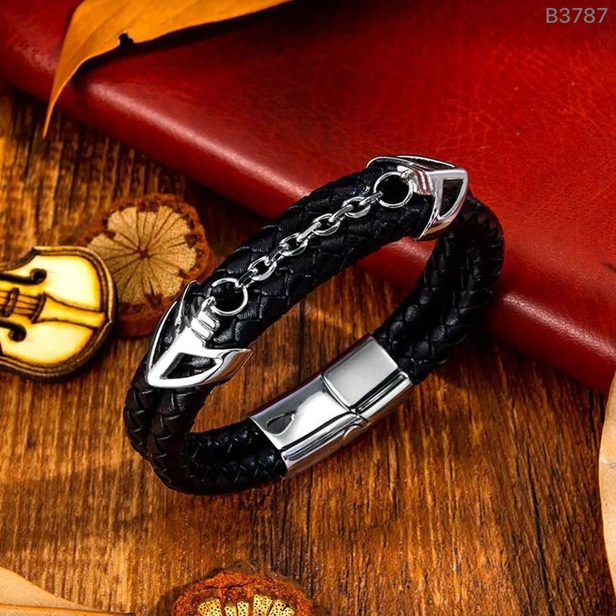 Braided Stainless Steel Black Leather Wrist Band Strand Dual Arrow Layer Bracelet For Men Silver