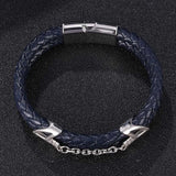 Braided Stainless Steel Black Leather Wrist Band Strand Dual Arrow Layer Bracelet For Men