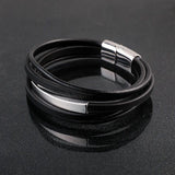 Multi-Layer Black Silver Leather Customized Personalised Laser Engraved Wrist Wrap Band Strand Id Bracelet For Men
